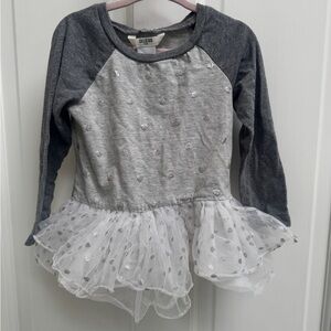 Guess 3T Girls Gray and White Long Sleeve Tee with Tulle Shirt Blouse